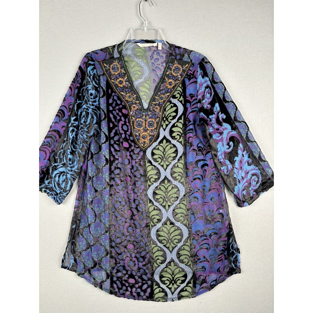 Soft Surroundings Women's Blouse S Small  Velvet Blue Floral Top Velour 2585